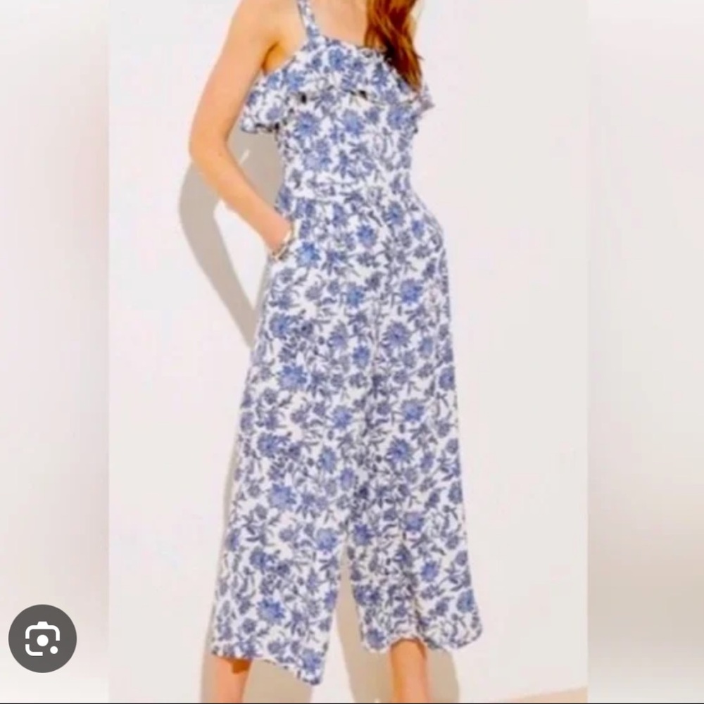 LOFT Trellis Ruffle Blue and White Floral Jumpsuit
